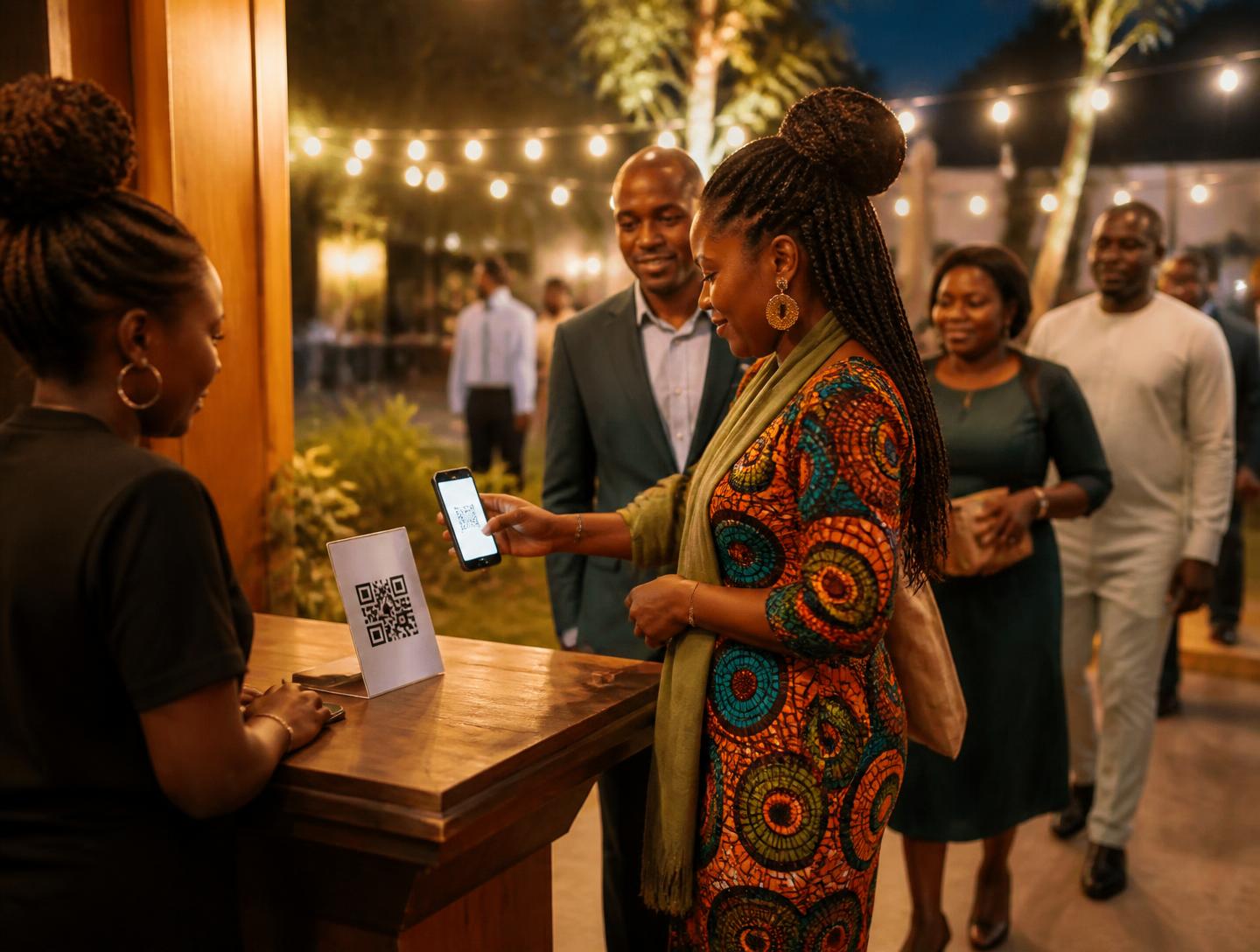 A guest scanning a check-in QR code at an evening event in Tanzania